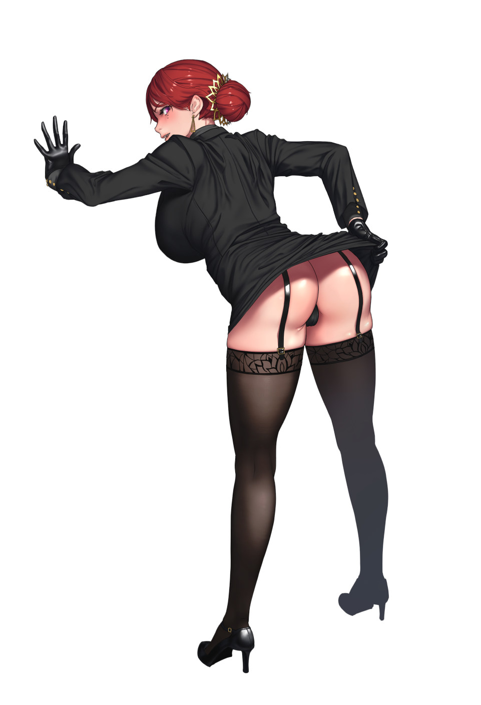 961x1409 last origin, hongryeon (last origin), bas, bas de lingerie, cheveux court, cheveux rouge, chignon, cleavage, corps entier, cul, culotte, debout, fille anime, gants, gros cul, gros seins, jarretelles, non-nude, penchée, regarde derrière, robe, robe soulevée, seins énormes, talon aiguille, uniforme, yeux violet