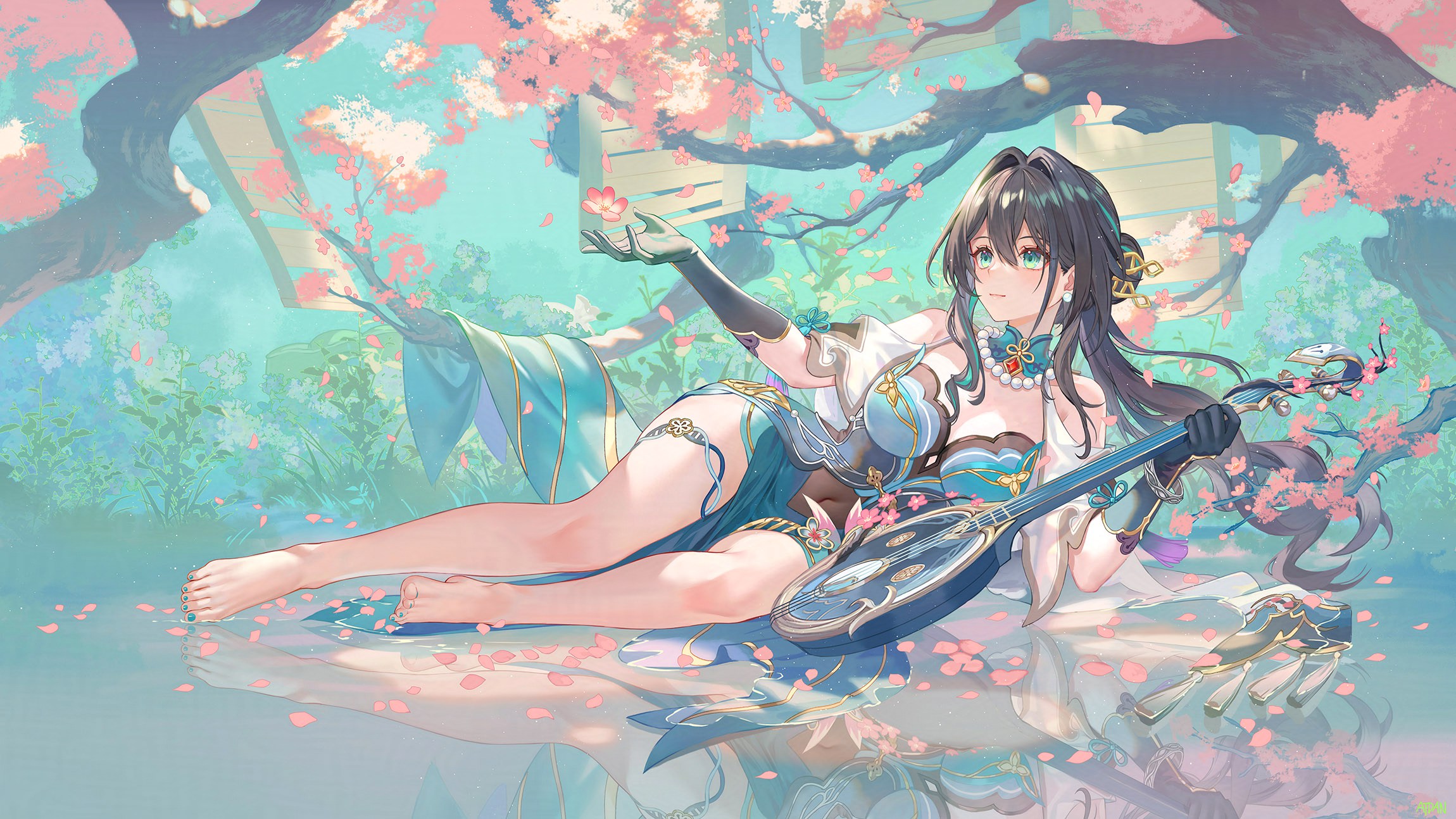 2300x1294 honkai (series), ruan mei (honkai star rail), artwork, black hair, in water, toes, gloves, music instrument, legs, hair between eyes, fantasy girl, petals, feet, barefoot, ponytail, on side, toenail polish, blue eyes