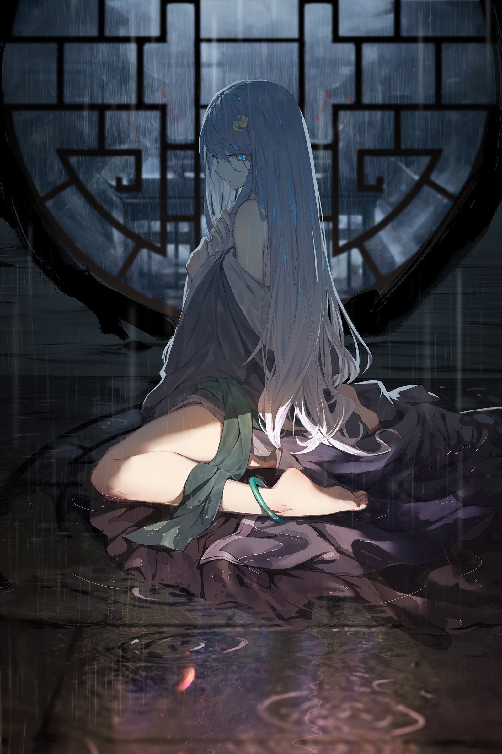 1600x2400 honkai (series), fu hua, hair ornament, artwork, sitting, white hair, water, video games, fantasy girl, feet, barefoot, rain, very long hair, blue eyes