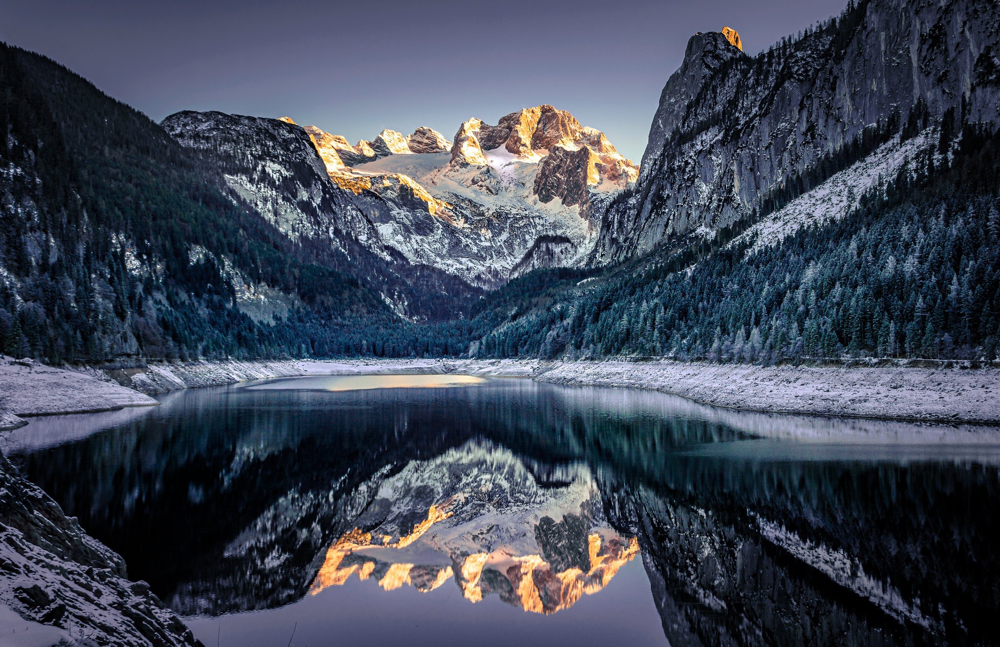 2047x1325 alpes, arbres, autriche, eau, hiver, lac, montagne, nature, neige, paysages, réflexion