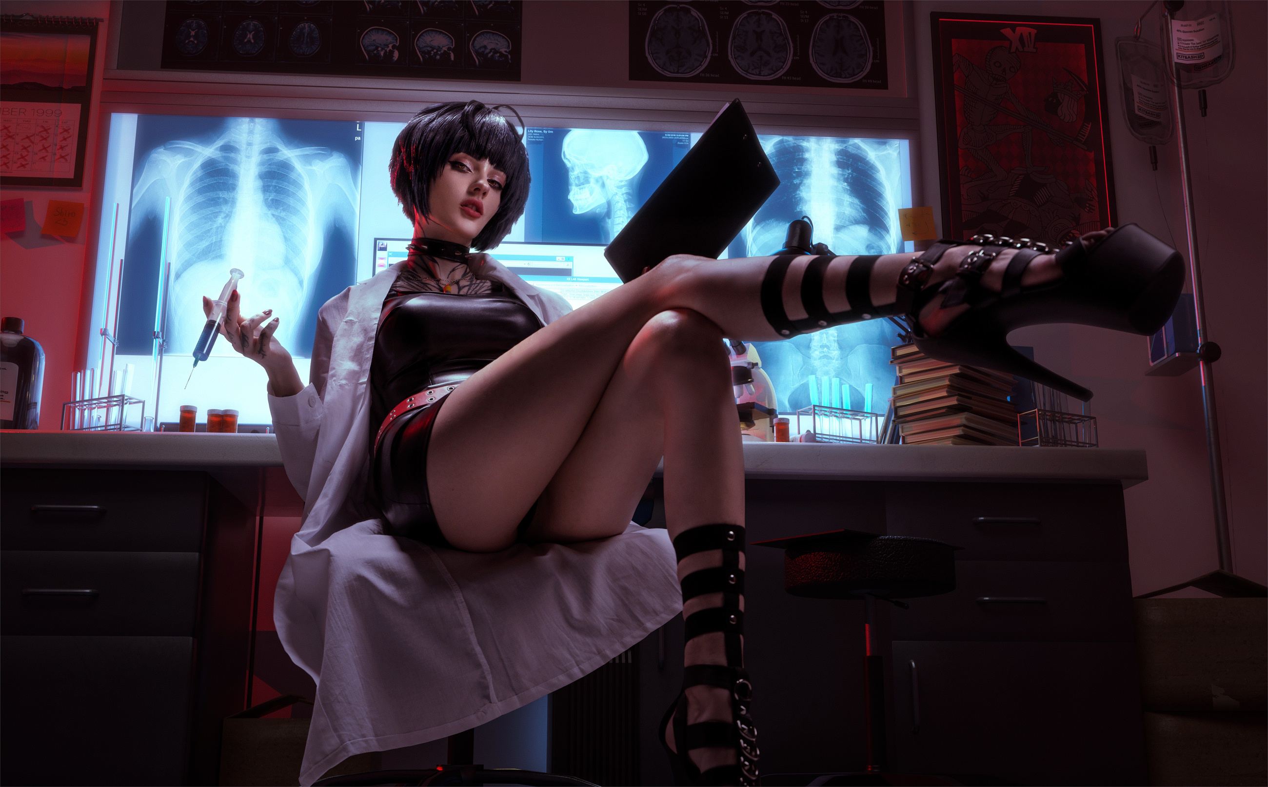 2600x1614 xenoncos, persona, tae takemi, sitting, caucasian, black hair, short hair, collar, spiked collar, cosplay, thighs, women, bangs, goth, thick thighs, legs, crossed legs, non-nude, dress, lipstick, high heels, tattoo