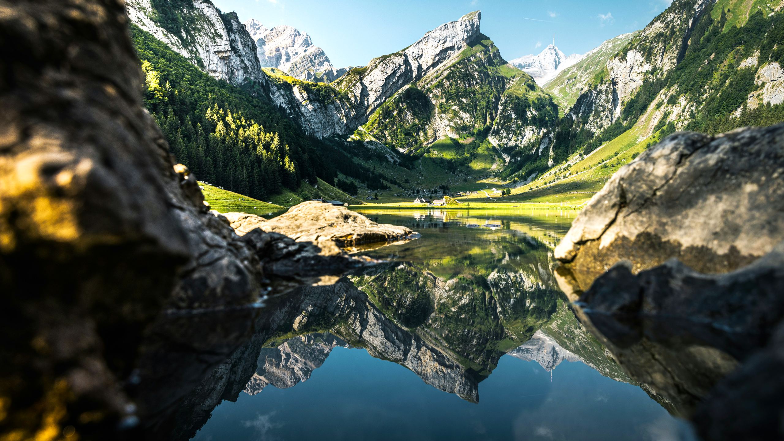 2560x1440 arbres, eau, lac, montagne, nature, paysages, réflexion, roche, suisse