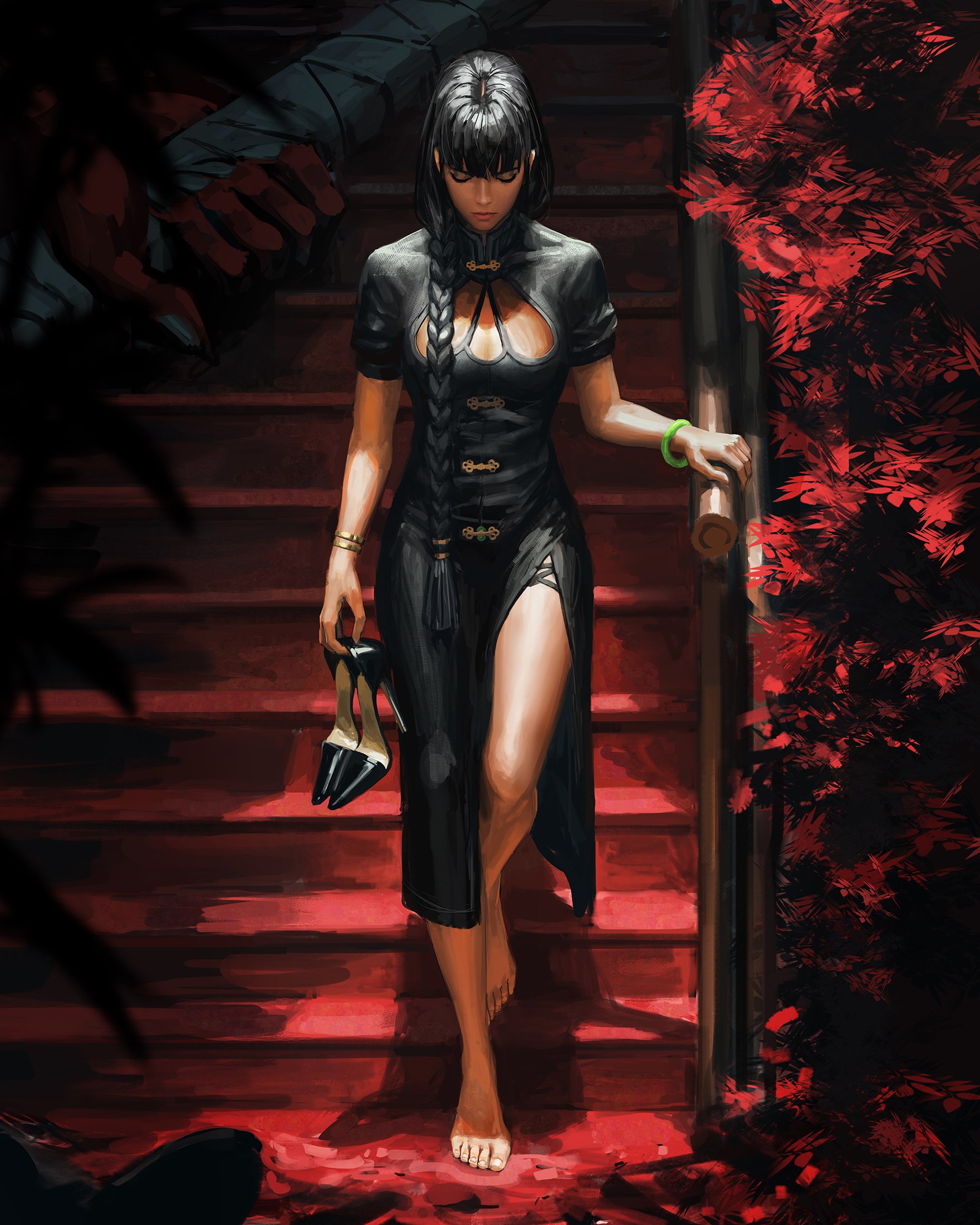 1760x2200 guweiz, artwork, black hair, standing, stairs, bangs, chinese clothes, fantasy girl, feet, barefoot, ponytail, dress, high heels, braid