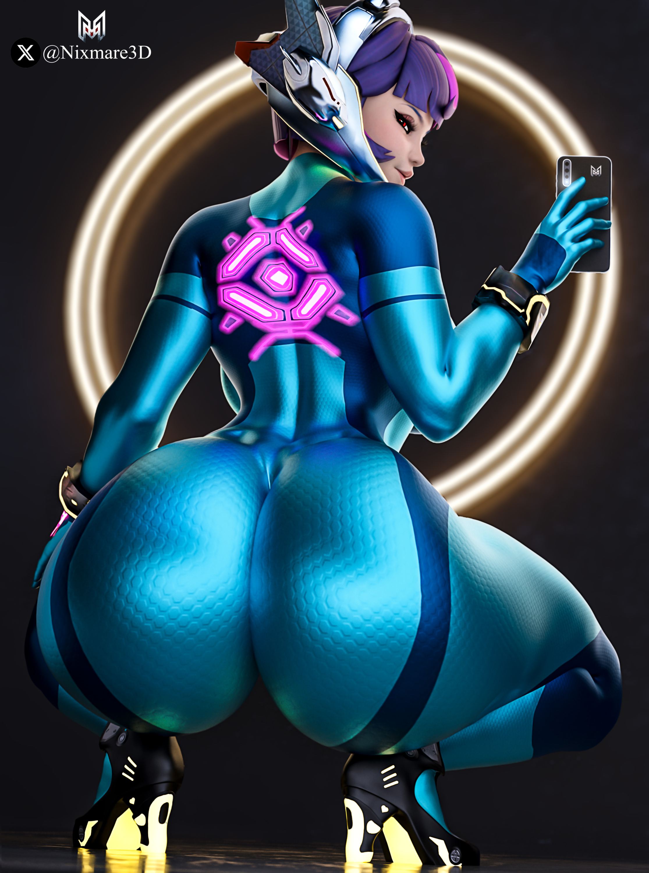 2230x3000 nixmare, blizzard entertainment, metroid, overwatch, juno (overwatch), 3d, short hair, purple hair, bodysuit, curvy, thighs, ass, anime girls, bangs, thick thighs, thick lips, shiny clothes, wide hips, headgear, non-nude, looking back, smartphone, squatting, high heels, red eyes