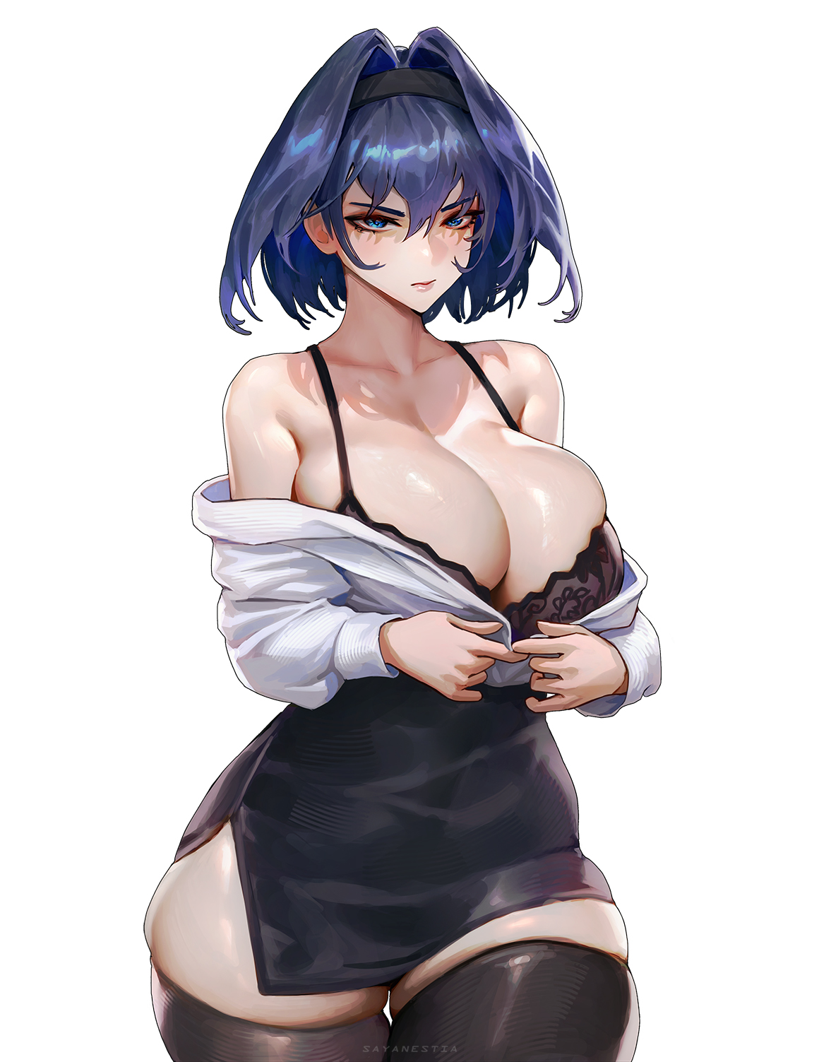 1160x1503 hololive, ouro kronii, bandeau, bas, bas de lingerie, chemise, cheveux bleu, cheveux court, cleavage, courbée, cuisses, fille anime, gros seins, grosses cuisses, habits ouverts, hanches larges, jupe, mèche entre les yeux, mini jupe, non-nude, office lady, peau brillante, rougeur, se déshabille, seins énormes, soutif, yeux bleu