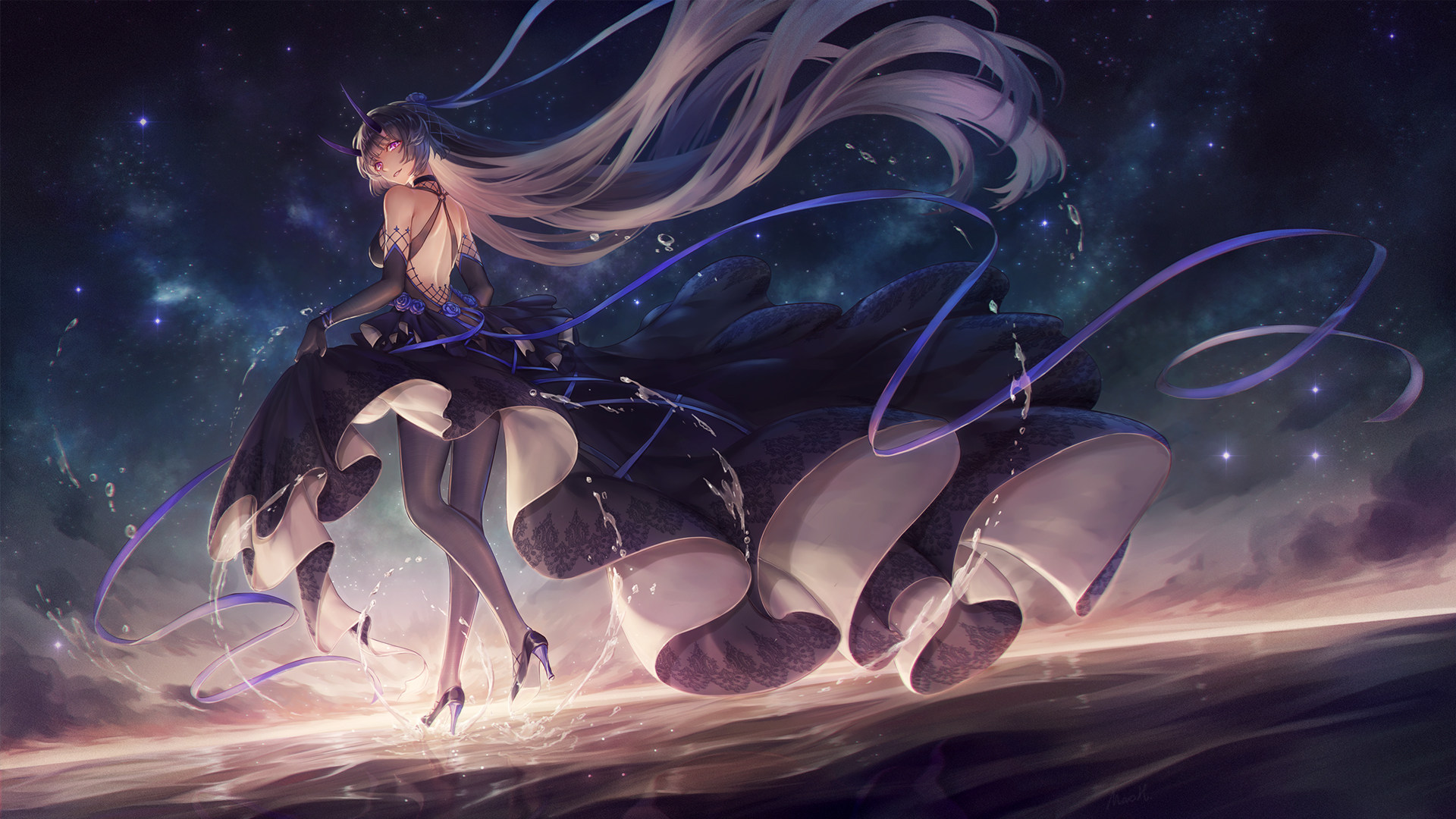 1920x1080 honkai (series), raiden mei, artwork, white hair, horns, standing, stars, video games, night, fantasy girl, looking back, dress, high heels, very long hair, purple eyes