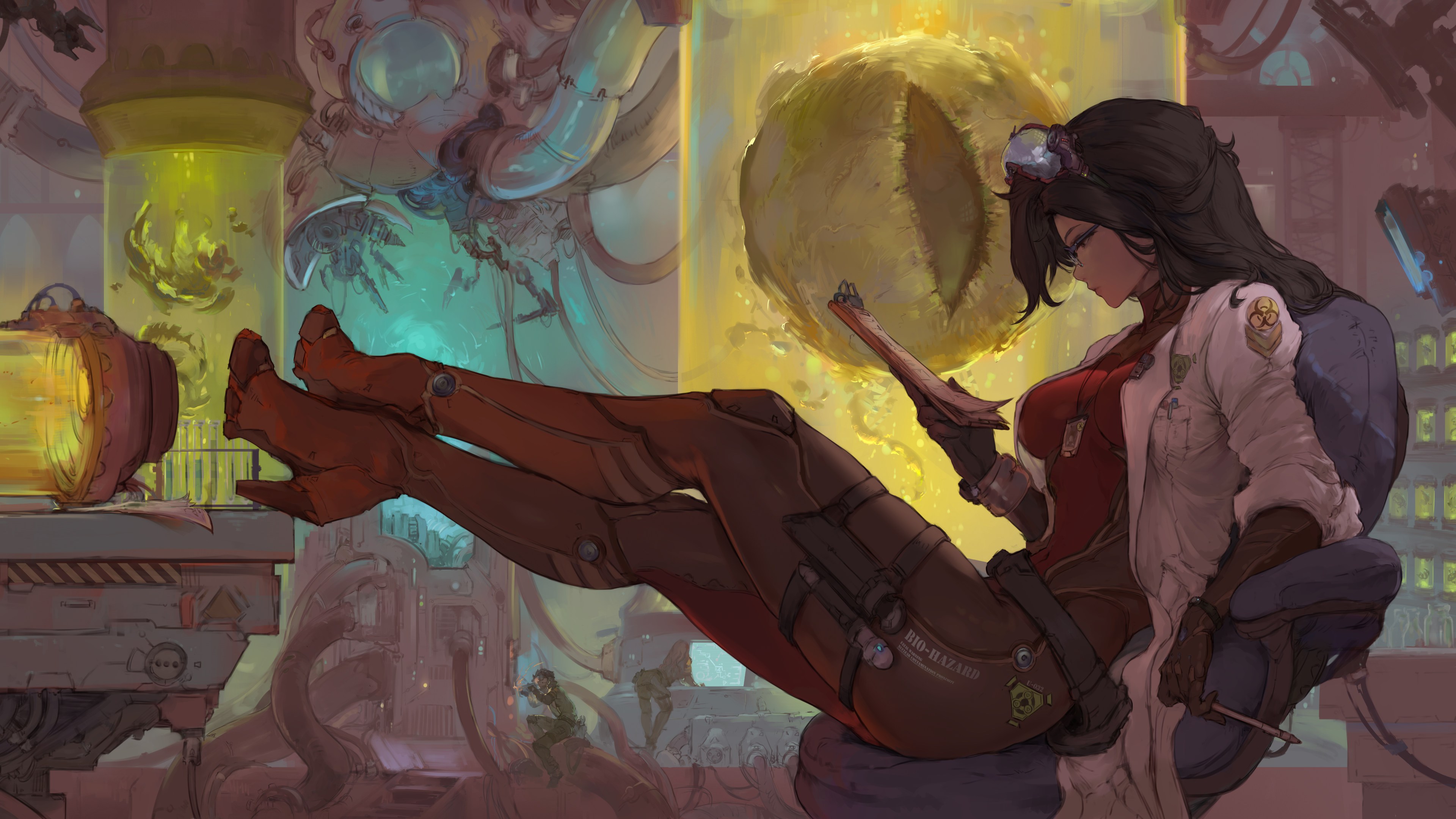 3840x2160 cutesexyrobutts, artwork, sitting, black hair, creature, thick thighs, crossed legs, fantasy girl, science fiction, scientist, high heels