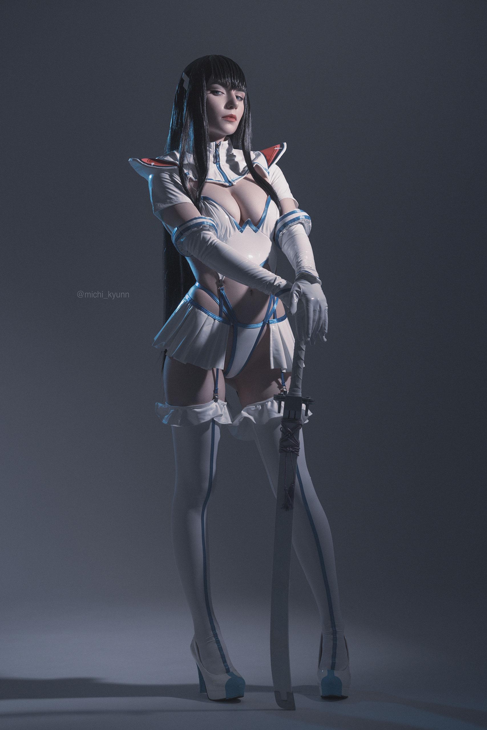 1707x2560 michi kyunn, kill la kill, kiryuuin satsuki, weapon, thighhighs, caucasian, black hair, cleavage, full body, cosplay, standing, sword, women, bangs, skirt, miniskirt, non-nude, medium tits, high heels, very long hair