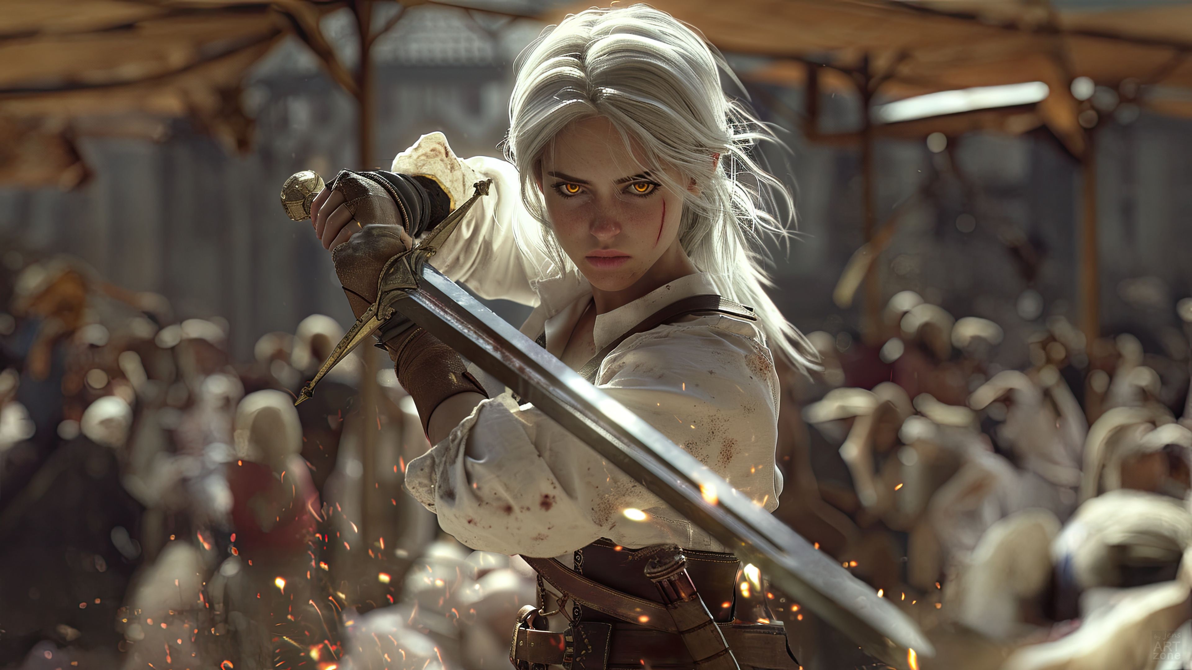 3840x2160 cd projekt red, the witcher, ciri, arme, art digital, artwork, cheveux blanc, cicatrice, épée, gants, gants sans doigts, personnage feminin, position de combat, yeux brillants, yeux jaune