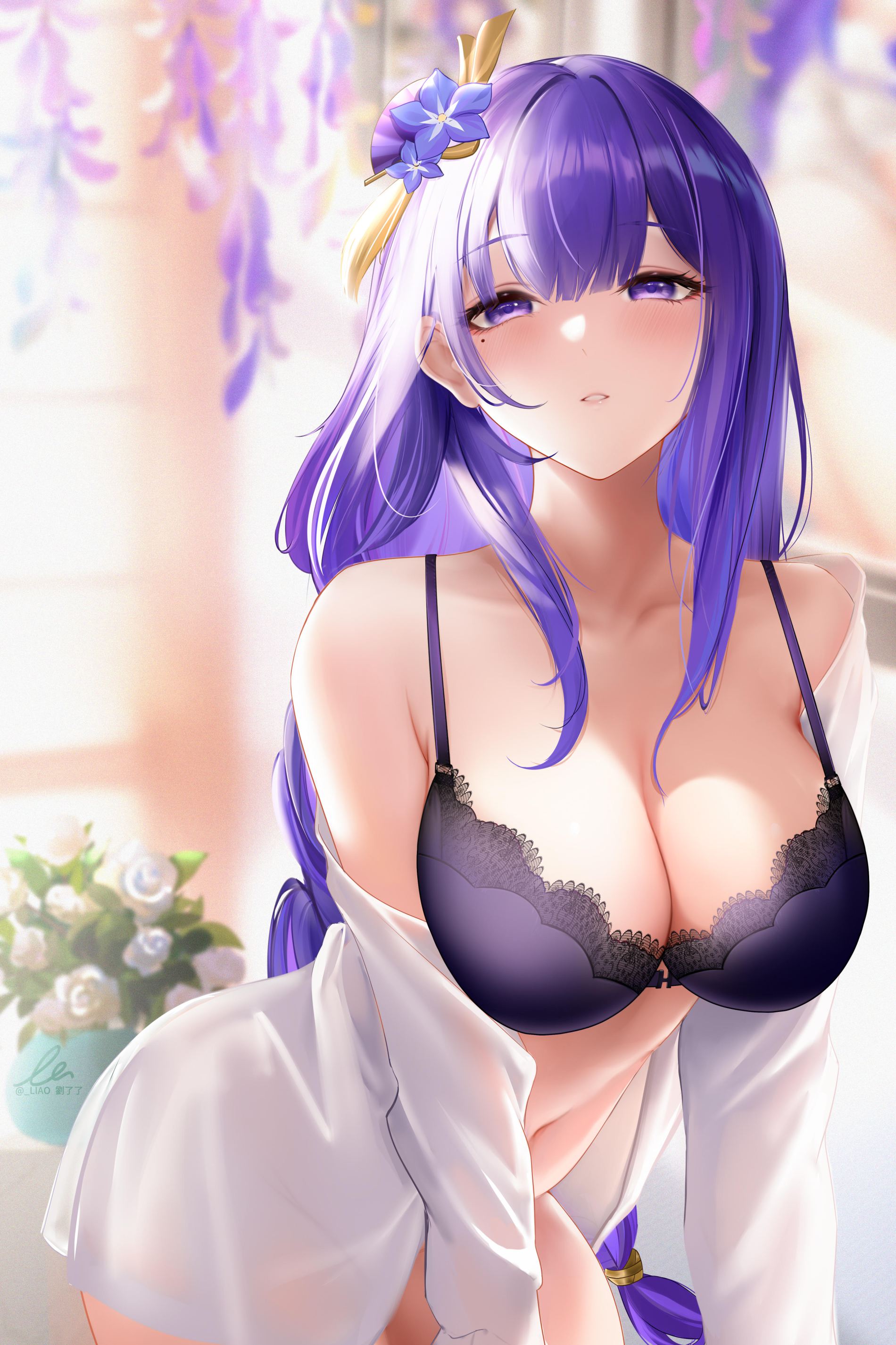 1900x2850 genshin impact, raiden shogun, accessoire de cheveux, broche en fleur, cheveux violet, cleavage, fille anime, frange, gros seins, lingerie, non-nude, queue de cheval, rougeur, soutif, très long cheveux, tresse, yeux violet