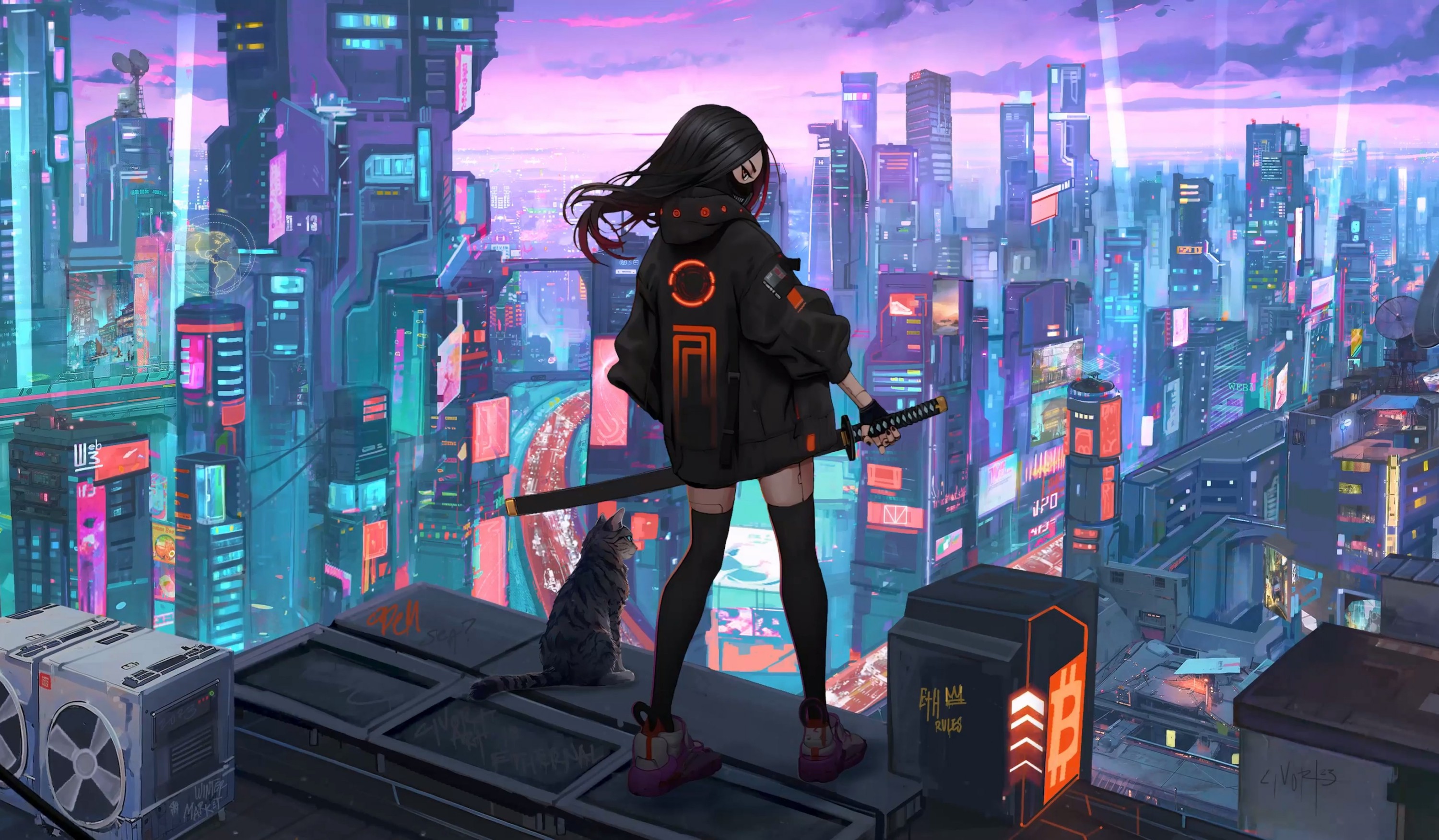 3000x1752 animaux, art digital, artwork, bas, bas de lingerie, building, chat, chaussure, cheveux brun, cyberpunk, debout, épée, gratte ciel, katana, paysages urbains, personnage feminin, toit, veste à capuche, ville