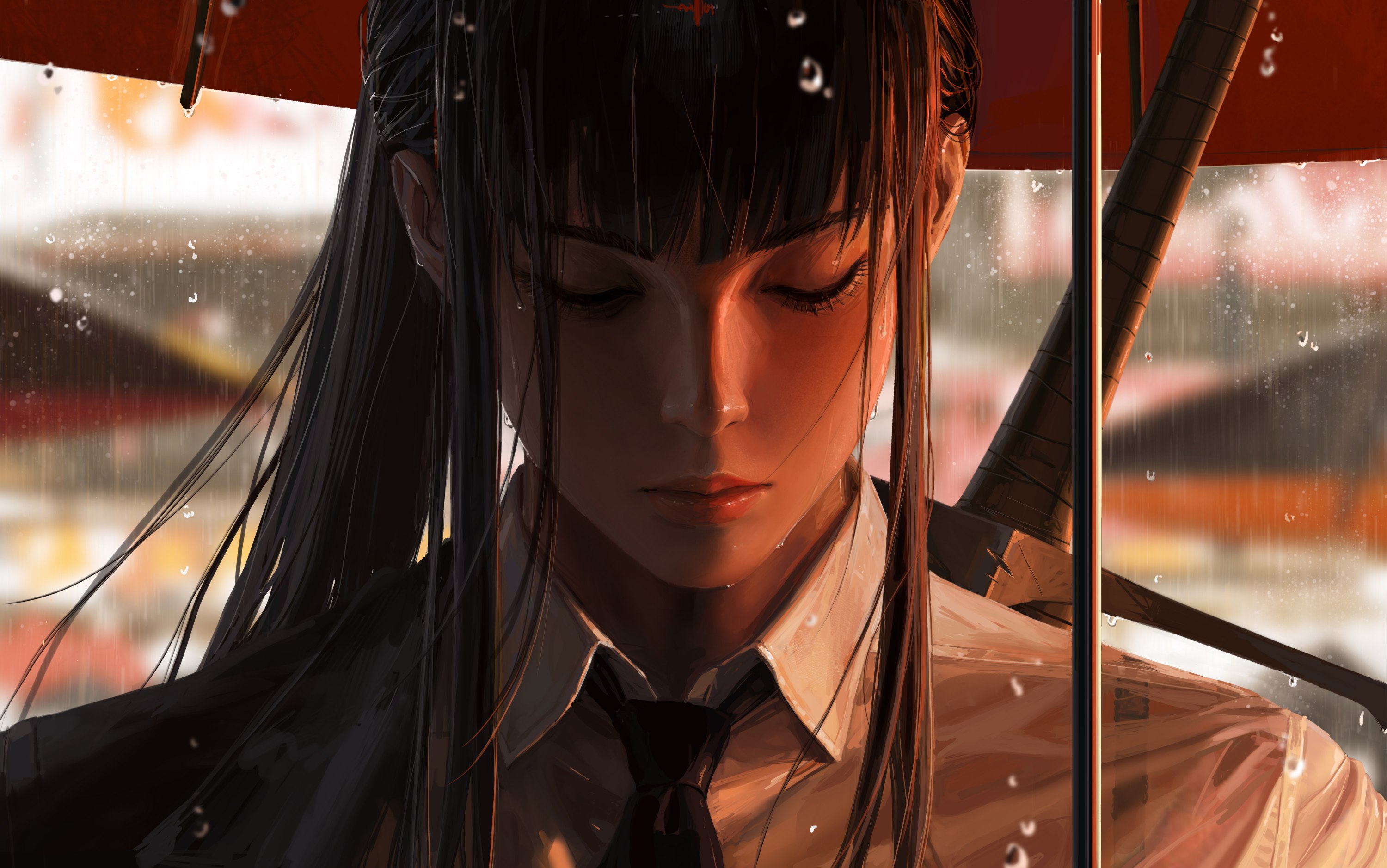 3000x1877 guweiz, arme, artwork, cheveux brun, cravate, épée, frange, goutte de sueur, parapluie, personnage feminin, pluie, portrait, queue de cheval, yeux fermés