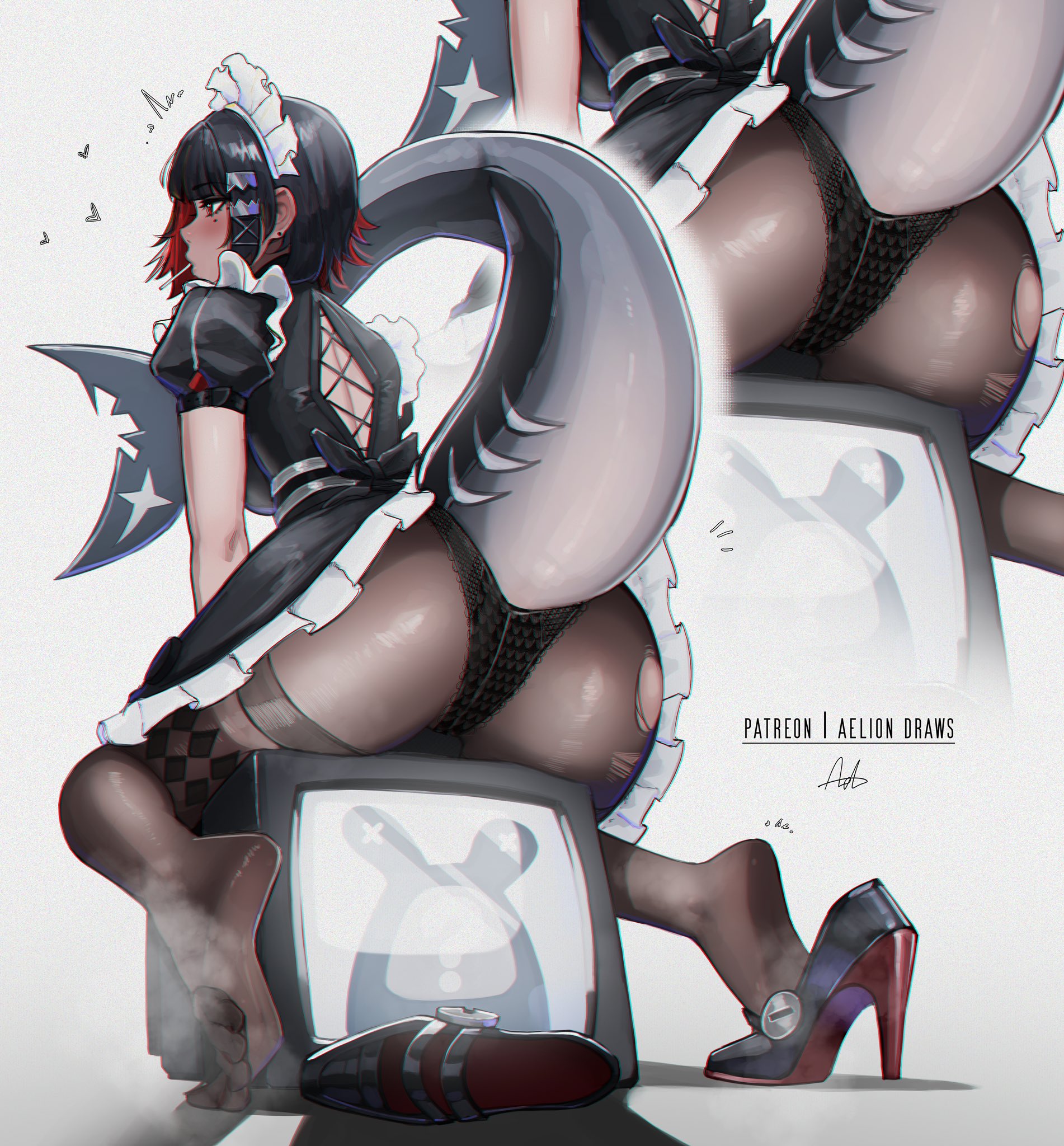 1902x2048 aelion draws, zenless zone zero, ellen joe, sitting, hairband, black hair, short hair, multicolored hair, pantyhose, steaming body, ass, toes, anime girls, shark girl, bangs, torn clothes, maid, multiple views, non-nude, feet, soles, tail, dress, blush, high heels