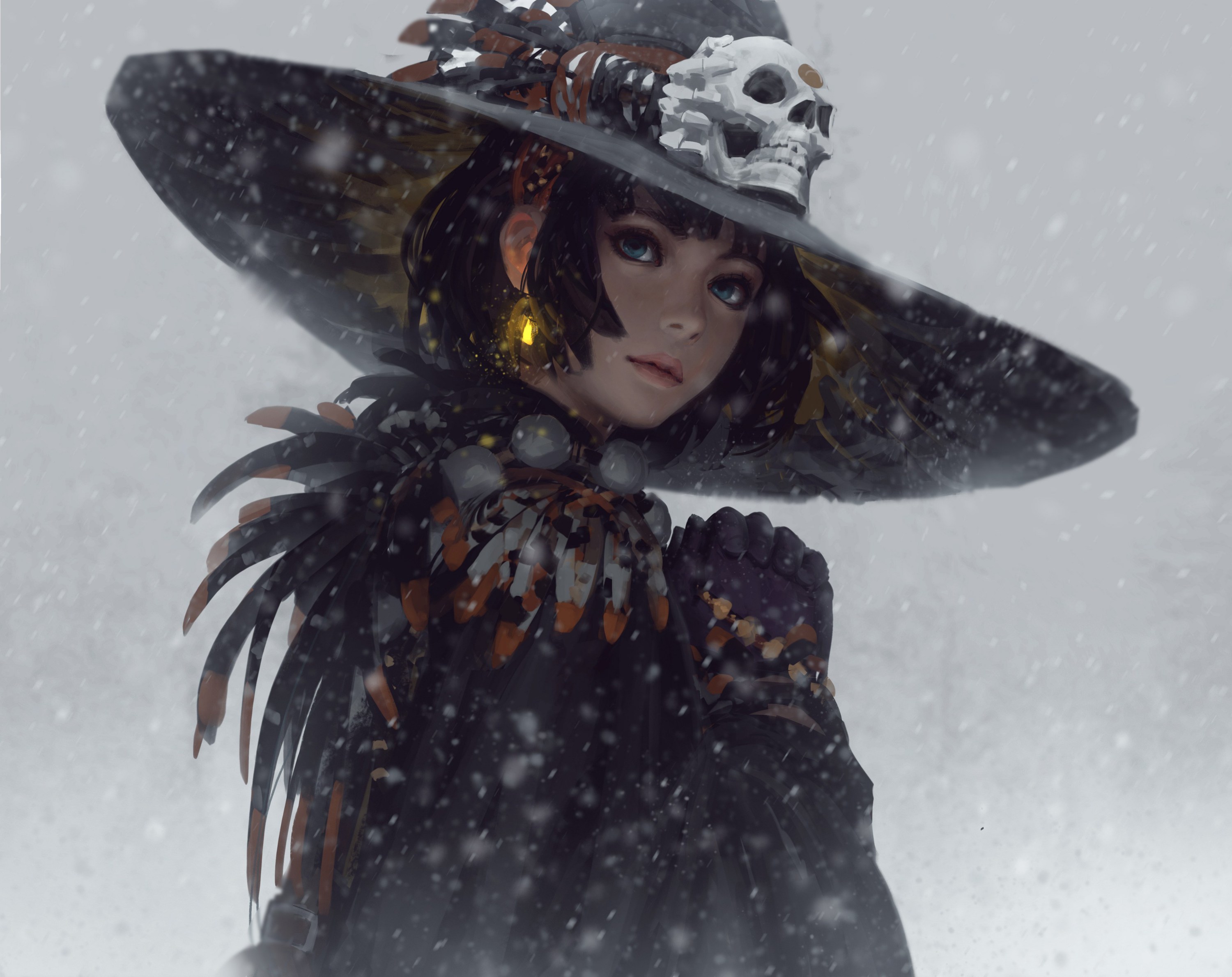 3000x2379 guweiz, artwork, chapeau, cheveux brun, cheveux court, crane, fantasy, neige, personnage feminin, yeux bleu