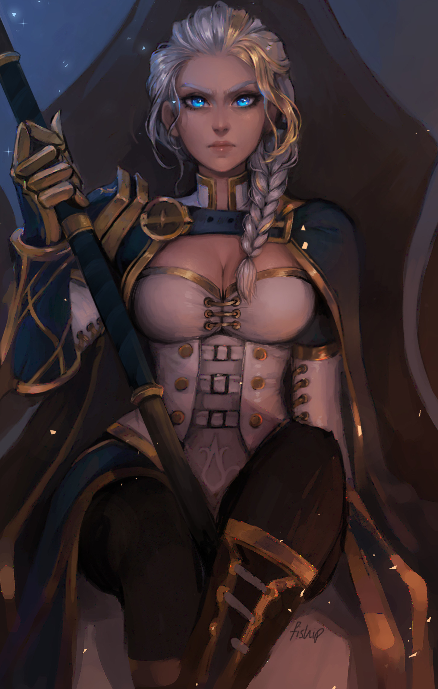 1453x2284 blizzard entertainment, world of warcraft, jaina proudmoore, artwork, assis, cheveux blanc, cheveux multicolores, cleavage, personnage feminin, queue de cheval, staff, tresse, yeux bleu