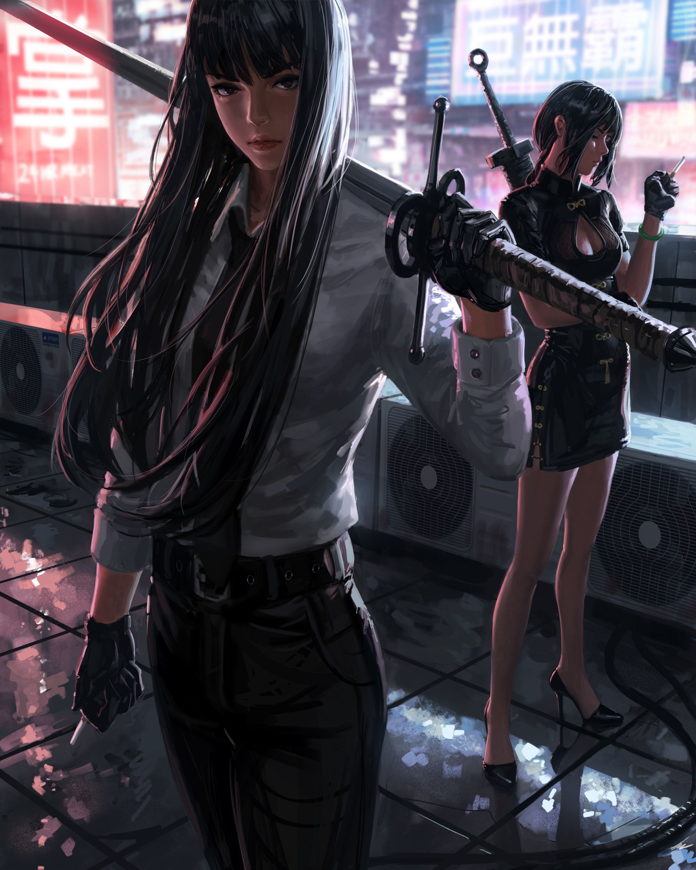 2400x3000 guweiz, 2 girls, weapon, artwork, assassin, shirt, black hair, cigarette, outdoors, sword, bangs, gloves, multiple girls, warrior, pants, fantasy girl, dress, high heels, rooftops