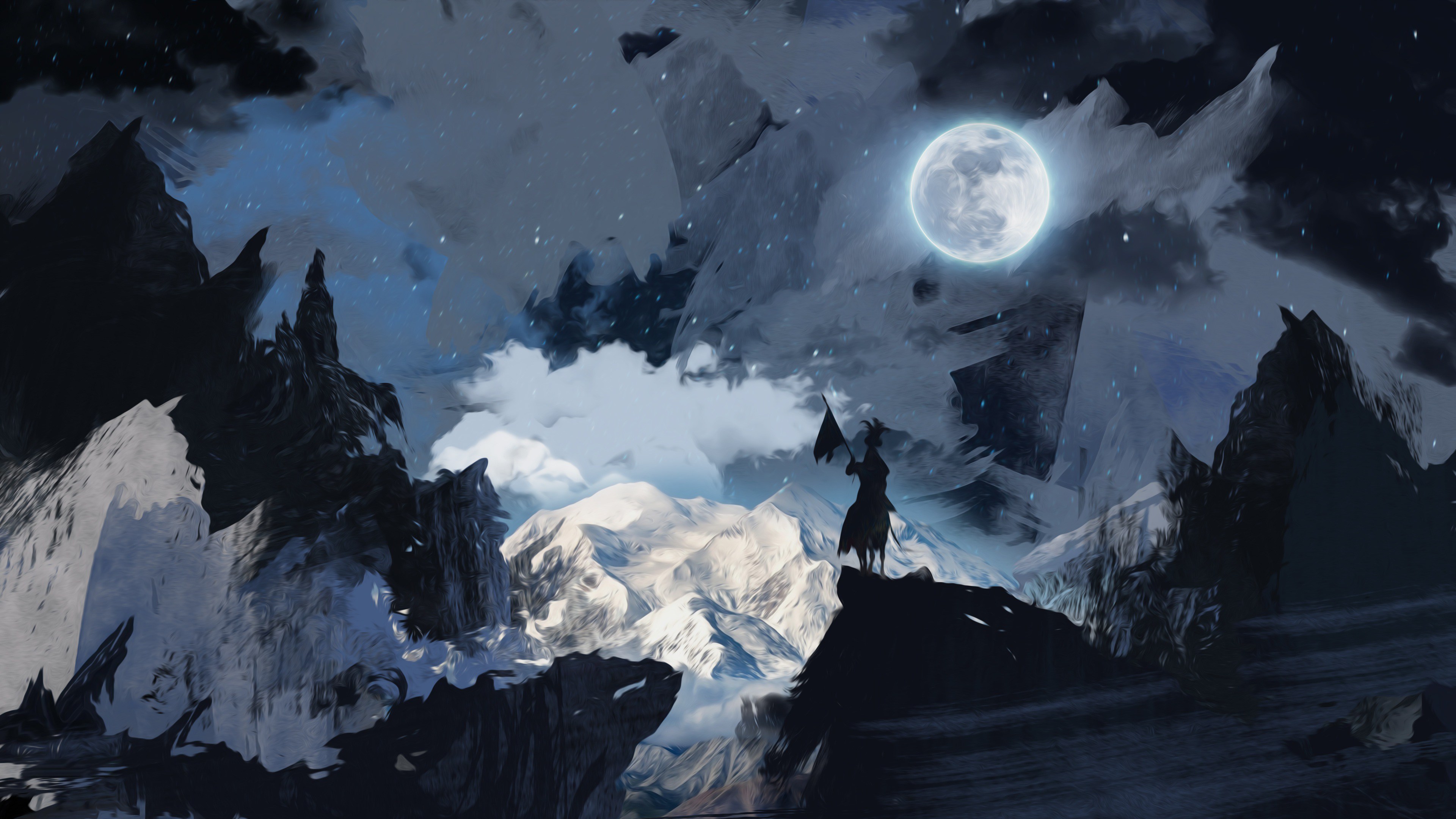 3840x2160 artwork, environnements, guerrier, lune, montagne, neige, nuit, silhouette