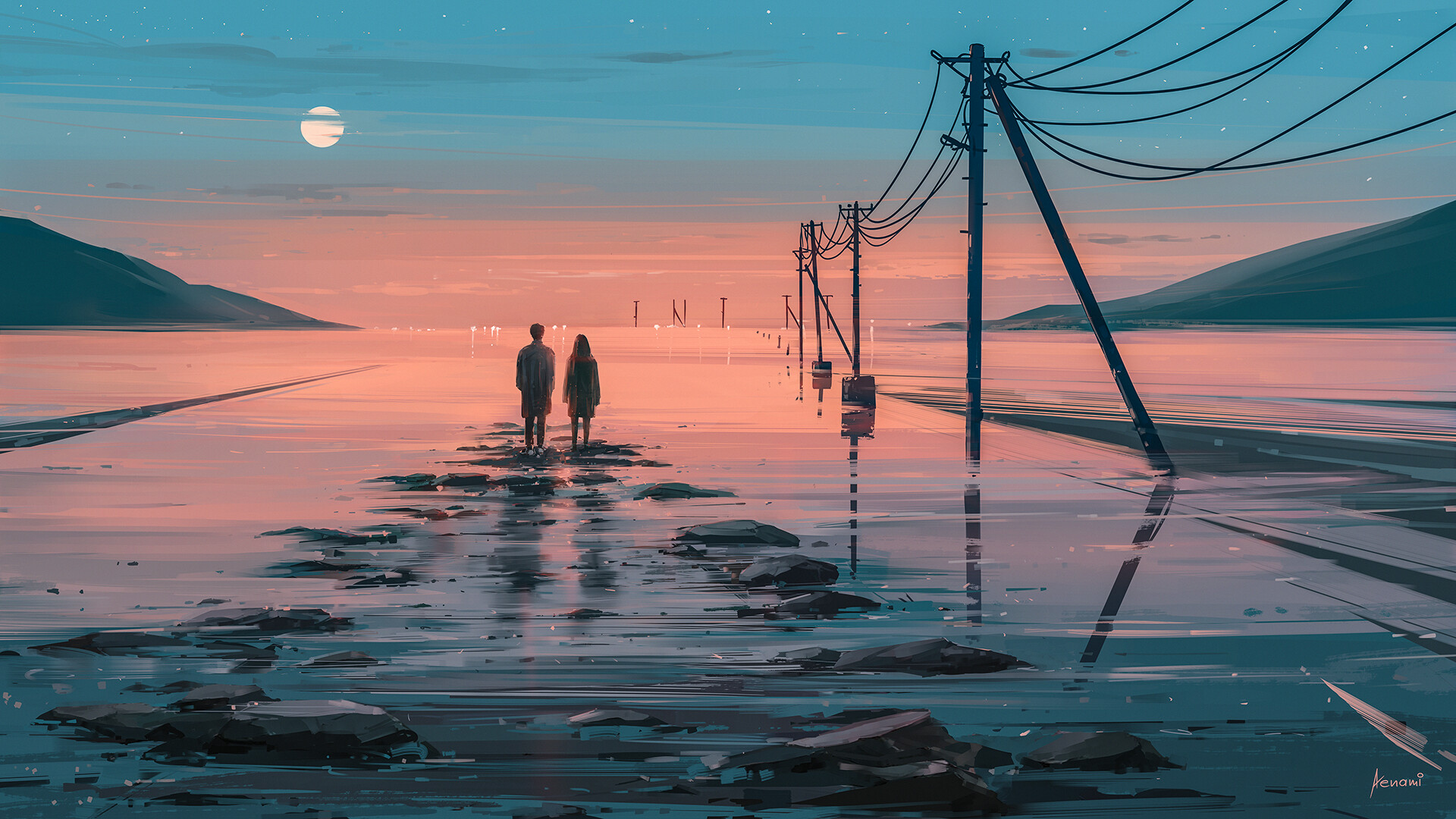 1920x1080 aenami, artwork, coucher de soleil, couple, environnements, ligne électrique, lune, réflexion