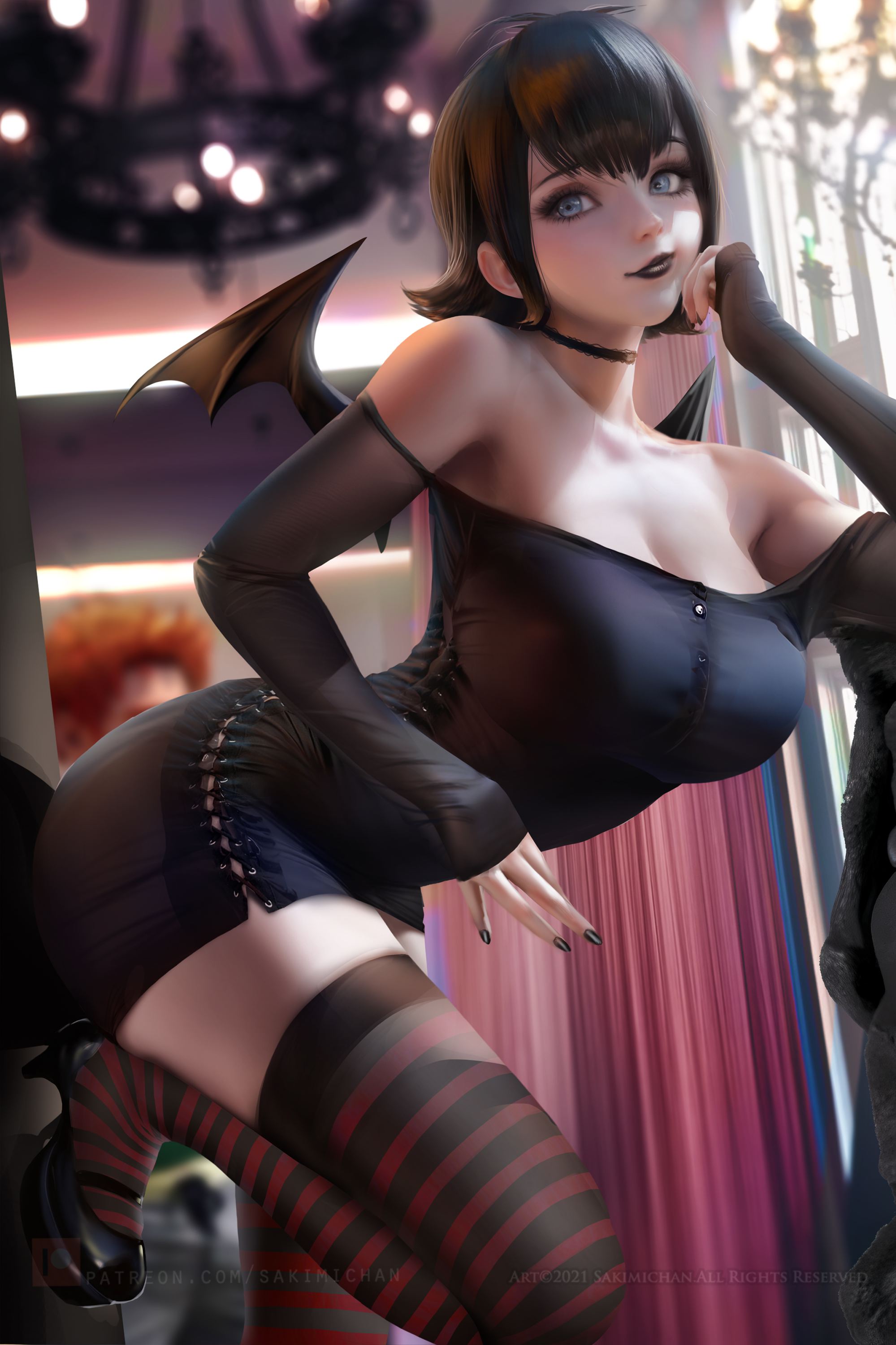 1999x3000 sakimichan, hotel transylvania, mavis dracula, wings, thighhighs, stockings, black hair, short hair, choker, cleavage, thighs, standing, anime girls, bangs, goth, big tits, leg up, non-nude, bent over, striped, dress, lipstick, smile, high heels, vampire, nail polish, blue eyes