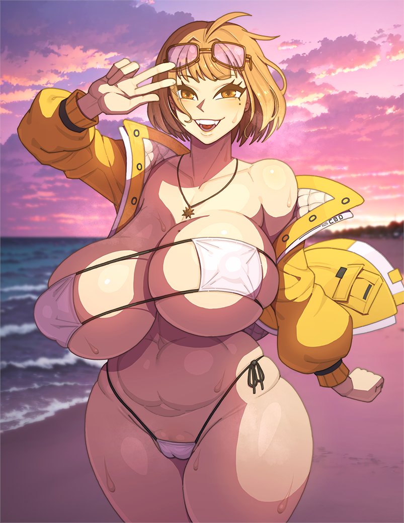 803x1040 goddess of victory nikke, anis (nikke), à la plage, bikini, cameltoe, cheveux court, cleavage, courbée, debout, dehors, fille anime, frange, gros seins, grosses cuisses, hanches larges, lunette de soleil, non-nude, seins énormes, sourire, string, tétons, v