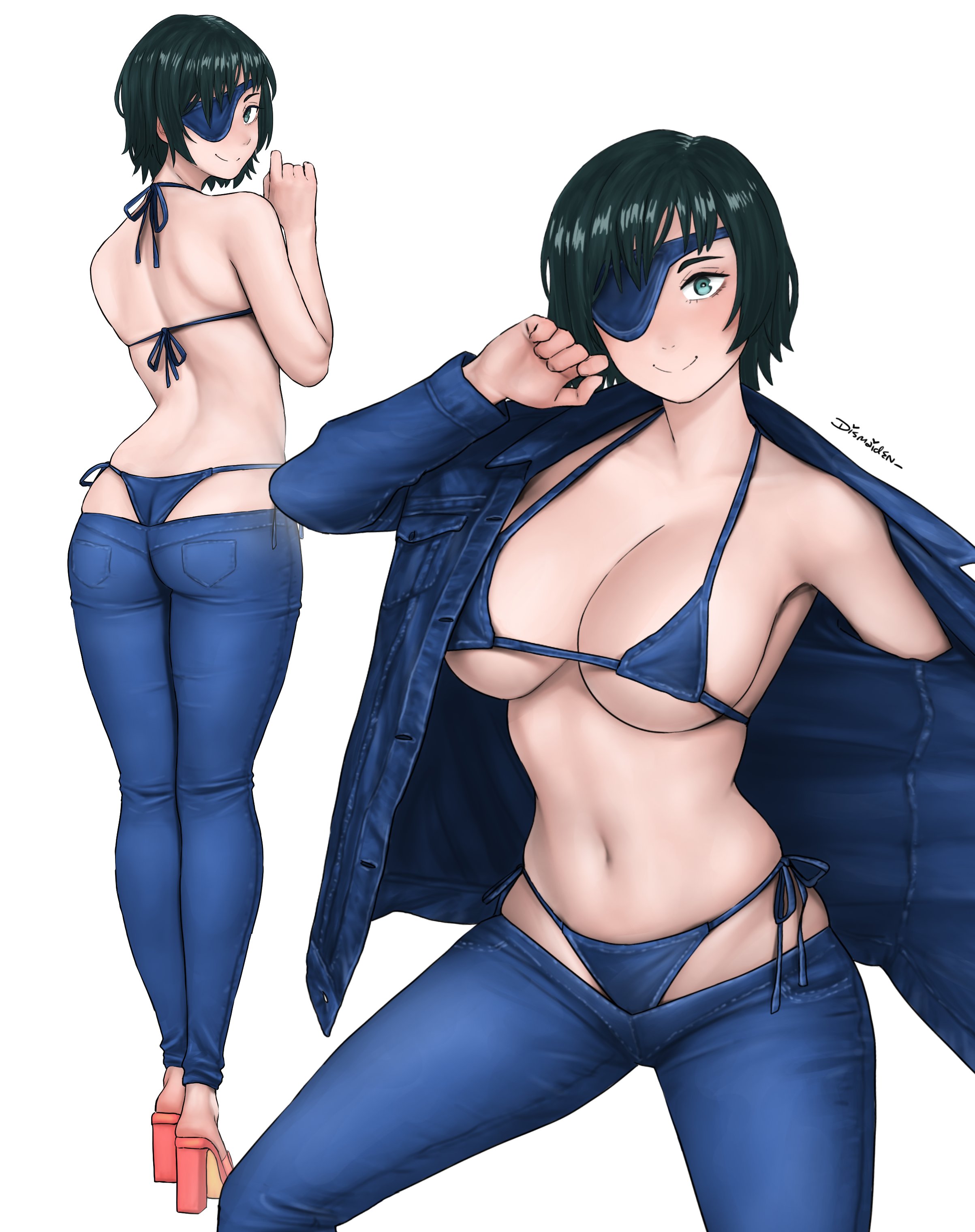 2406x3041 chainsaw man, himeno (chainsaw man), bikini, eyepatch, short hair, green hair, cleavage, thighs, ass, standing, anime girls, big tits, legs, jeans, multiple views, non-nude, pants, smile, high heels, underboob, uniform, jacket, blue eyes