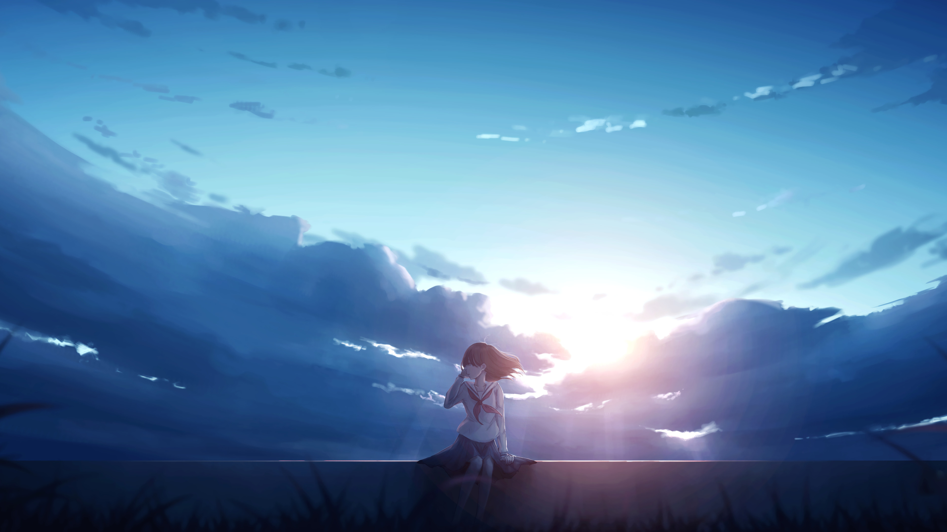 3840x2160 anime, artwork, assis, ciel, fille anime, nuages, personnage feminin, rayons de soleil, solitude, uniforme, uniforme scolaire, vent