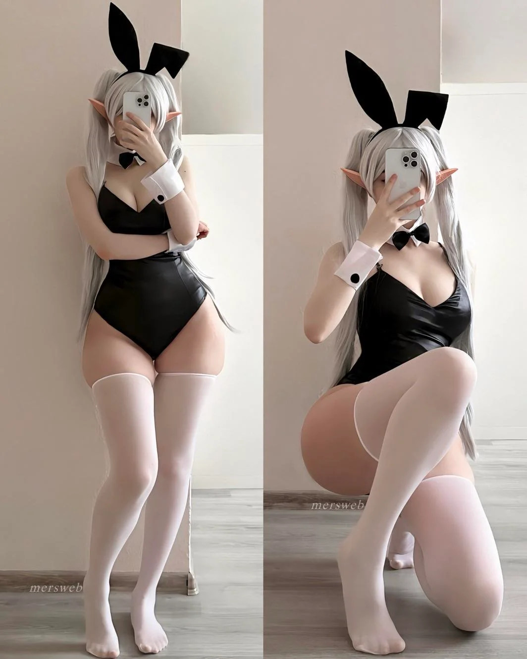 1064x1330 mersweb, sousou no frieren, frieren, à genou, bas, bas de lingerie, caucasien, cheveux blanc, cleavage, cosplay, costume de lapin, couette, debout, elf, fausses oreilles animaux, femme, grosses cuisses, hanches larges, jambes, leotard, multiples vues, non-nude, oreilles pointues, seins moyens, selfshot, smartphone