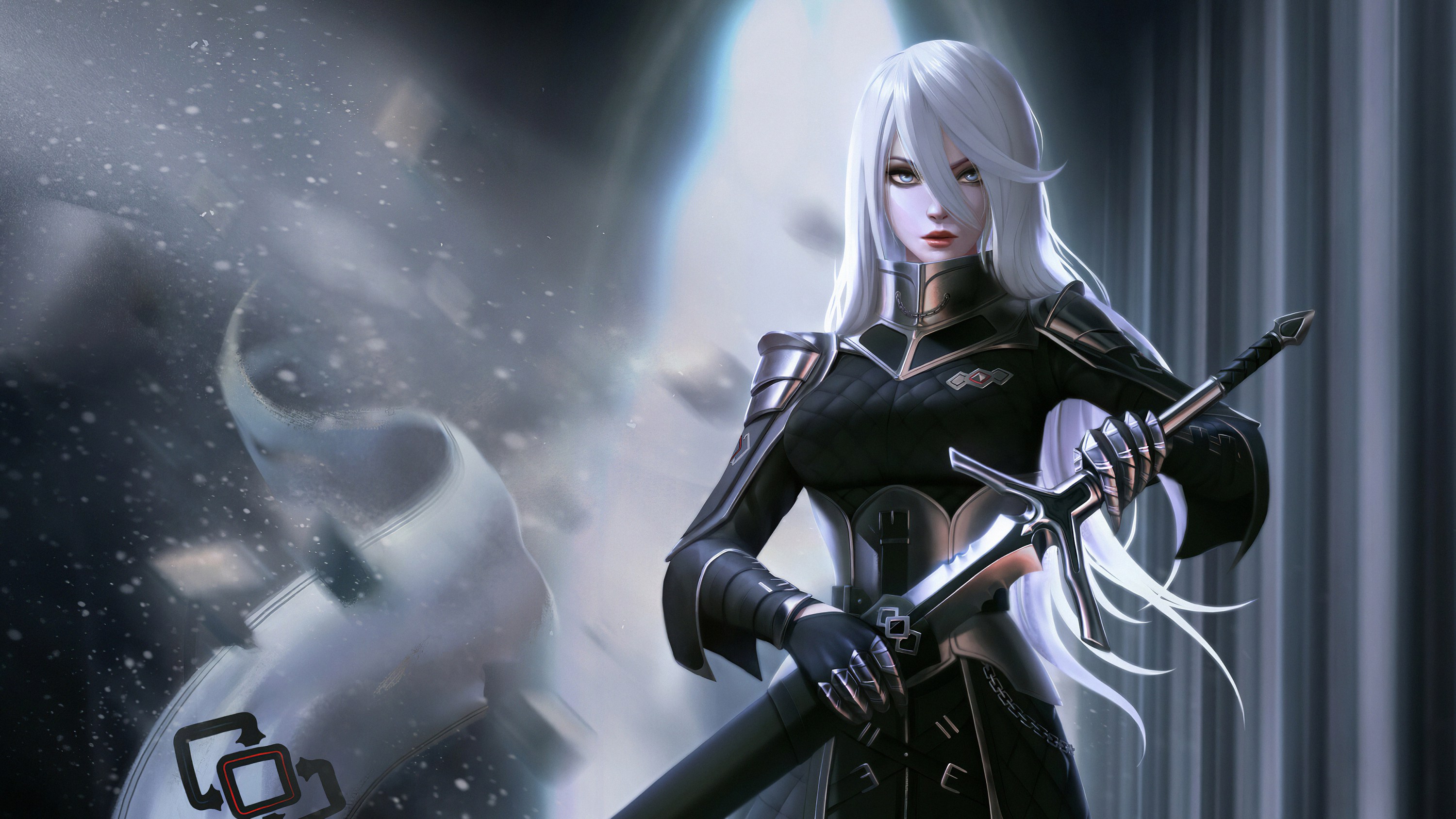 3000x1688 final fantasy (series), final fantasy xiv, angelise reiter, arme, armure, artwork, chevalier, cheveux blanc, épée, jeux video, mèche entre les yeux, personnage feminin, très long cheveux, yeux bleu