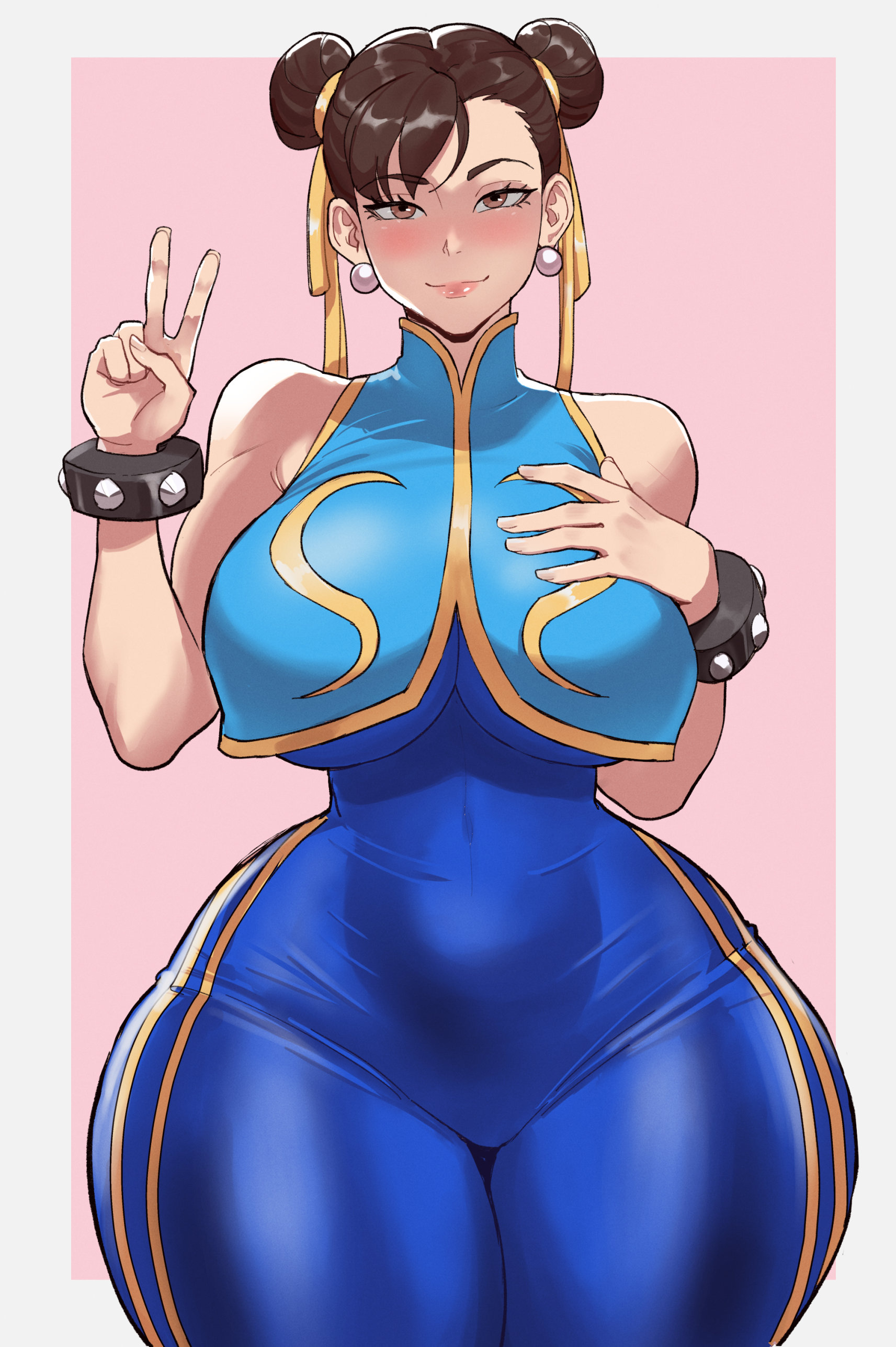 1713x2573 capcom, street fighter, chun-li, cheveux brun, cheveux court, chignon, combinaison, courbée, cuisses, debout, double chignon, fille anime, gros seins, grosses cuisses, hanches larges, non-nude, rougeur, ruban à cheveux, sourire, v