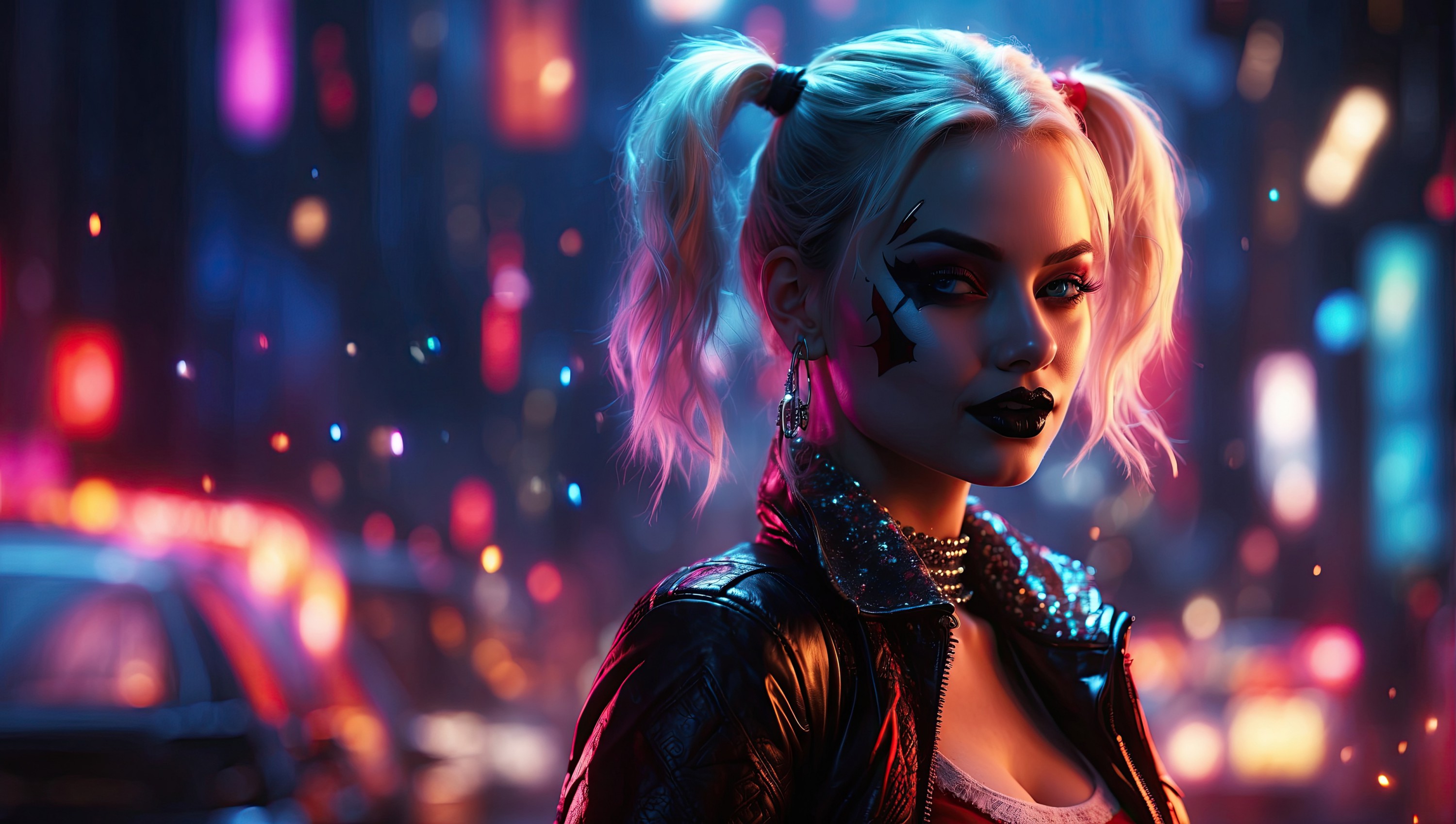 3000x1697 batman (series), dc comics, harley quinn, artwork, cheveux blond, couette, ia art, personnage feminin, portrait, rouge a lèvres, yeux bleu