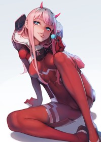 assis,cameltoe,collant,combinaison,cornes,darling in the franxx,fille anime,frange,non-nude,salive,seins moyens,sucette,tire la langue,trait de salive,visage coquin,zero two