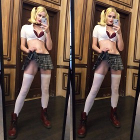 bas,bas de lingerie,caucasien,cheveux blond,cheveux court,choker,cleavage,cosplay,culotte,debout,femme,jupe,jupe soulevée,mini jupe,multiples vues,rouge a lèvres,tniwe,vampire the masquerade