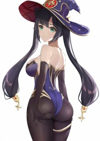 chapeau,cheveux brun,collant,couette,cul,fille anime,frange,gants,gants de coude,genshin impact,leotard,mona (genshin impact),non-nude,sideboob,yeux vert