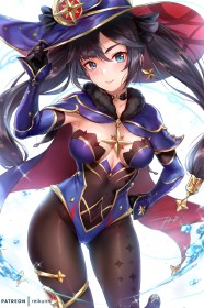 aisselle,cameltoe,cape,chapeau,cheveux brun,choker,couette,fille anime,gants,gants de coude,genshin impact,hanches larges,leotard,mona (genshin impact),non-nude,seins moyens,sourire,yeux bleu