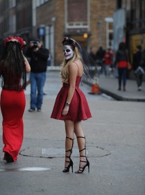 caucasian,standing,women,legs,dress,street,smile,high heels,face paint