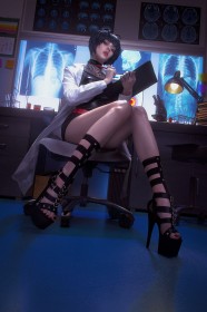 sitting,caucasian,short hair,cosplay,thighs,toes,women,legs,persona,feet,dress,scientist,tae takemi,high heels,tattoo,toenail polish,xenoncos