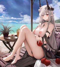 at the beach,hair ornament,arknights,sitting,crossed arms,hair flower,white hair,horns,thighs,outdoors,anime girls,bangs,big tits,legs,mudrock,pointy ears,feet,barefoot,blush,nipples,very long hair,nail polish,toenail polish,red eyes