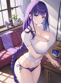 cheveux violet,cleavage,cuisses,culotte,debout,fille anime,frange,genshin impact,gros seins,non-nude,queue de cheval,raiden shogun,seins énormes,sourire,très long cheveux,tresse,yeux violet