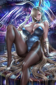 accessoire de cheveux,assis,asuna (blue archive),blue archive,cheveux blond,cleavage,collant,costume de lapin,courbée,cuisses,fausses oreilles animaux,fille anime,gants,gros seins,habits brillants,hanches larges,jambes,leotard,noeud papillon,non-nude,oeil caché,ruban à cheveux,seins énormes,sourire,talon aiguille,très long cheveux,v,yeux bleu