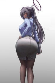 blue archive,chemise,cheveux brun,collant,cul,debout,fille anime,goutte de sueur,halo,jupe,karin (blue archive),non-nude,office lady,peau foncée,queue de cheval,regarde derrière,très long cheveux,yeux jaune