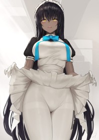 ahoge,bandeau,blue archive,cheveux brun,collant,debout,fille anime,frange,gros seins,karin (blue archive),noeud papillon,non-nude,peau foncée,robe,robe soulevée,très long cheveux,yeux jaune