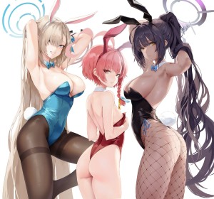 3 filles,aisselle,asuna (blue archive),blue archive,bras levés,cheveux blond,cheveux rouge,cleavage,collant,collant en résille,costume de lapin,cuisses,cul,debout,fausses oreilles animaux,fille anime,frange,gros seins,groupe de filles,habits brillants,halo,karin (blue archive),leotard,neru (blue archive),noeud papillon,non-nude,oeil caché,peau foncée,queue de cheval,résille,sideboob,très long cheveux,tresse,yeux bleu,yeux jaune