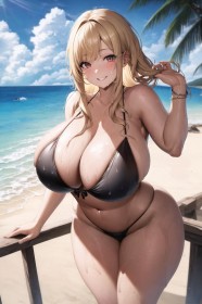 à la plage,bikini,cheveux blond,cheveux saisis,cleavage,courbée,cuisses,debout,dehors,fille anime,gros seins,grosses cuisses,hanches larges,ia art,kitagawa marin,my dress up darling,non-nude,rougeur,seins énormes,sourire