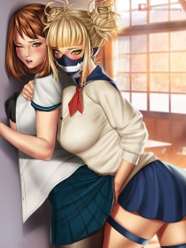 2 filles,cheveux blond,cheveux chatain,contre le mur,debout,double chignon,fille anime,frange,gros seins,groupe de filles,himiko toga,jupe,masque,mini jupe,my hero academia,non-nude,ochako uraraka,oeil fermé,rougeur,sangle de cuisse,super-héroïne,uniforme scolaire,yeux jaune,yuri