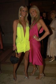 2 girls,caucasian,celebrity,blonde hair,standing,toes,women,multiple girls,hand on hip,mannequin,non-nude,paris hilton,feet,dress,smile,high heels,toenail polish,blue eyes