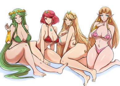 4 girls,sitting,bikini,blonde hair,short hair,red hair,green hair,cleavage,full body,curvy,crossover,thighs,elf,anime girls,big tits,multiple girls,wide hips,legs,kid icarus,mythra,nintendo,non-nude,pointy ears,palutena,feet,barefoot,princess,princess zelda,pyra,smile,the legend of zelda,very long hair,nail polish,toenail polish,xenoblade (series),blue eyes,yellow eyes,red eyes,green eyes