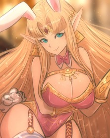 cheveux blond,cleavage,costume de lapin inversé,elf,fausses oreilles animaux,fille anime,gros seins,leotard,nintendo,noeud papillon,non-nude,oreilles pointues,princesse,princesse zelda,sourire,the legend of zelda,très long cheveux,yeux bleu