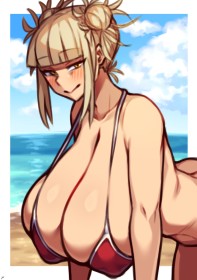 à la plage,bikini,cheveux blond,cheveux court,chignon,cleavage,dehors,double chignon,fille anime,frange,gros seins,himiko toga,my hero academia,non-nude,penchée,rougeur,seins énormes,seins gigantesques,yeux jaune