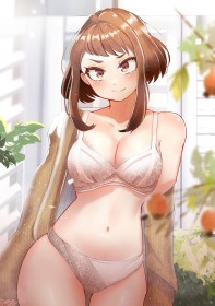 cheveux chatain,cheveux court,cleavage,culotte,debout,fille anime,lingerie,my hero academia,non-nude,ochako uraraka,rougeur,seins moyens,soutif,super-héroïne