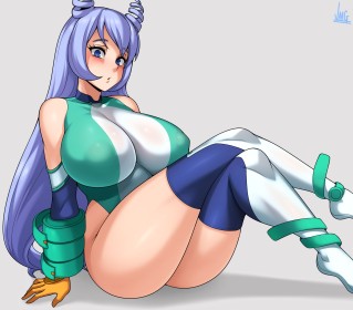 assis,bas,cheveux bleu,cuisses,fille anime,gants,gros seins,grosses cuisses,jmg,leotard,my hero academia,nejire hado,non-nude,rougeur,seins énormes,super-héroïne,très long cheveux,yeux bleu